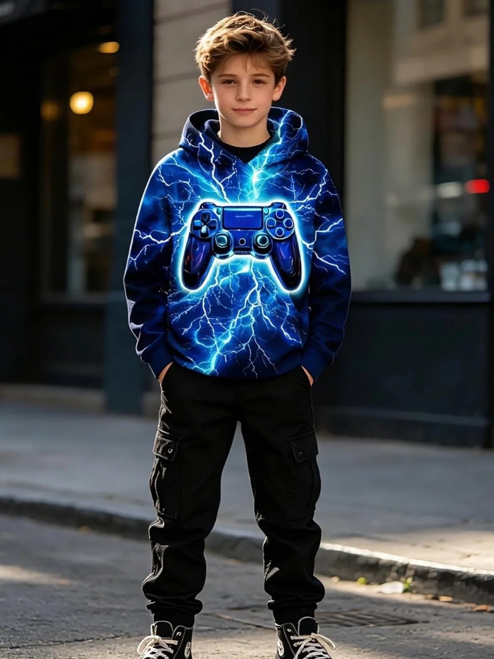 Blue Gamer Controller Hoodie for Kids - Electric Lightning Design size 14-16